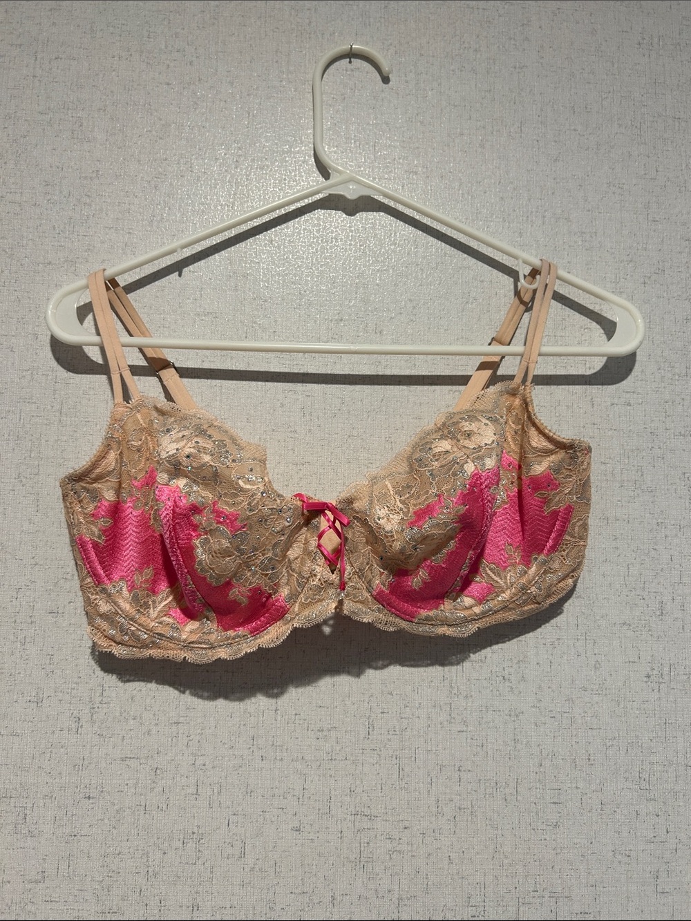 VS Very Sexy Unlined Demi Satin and Beige Lace with Decorative Ribbon Bra